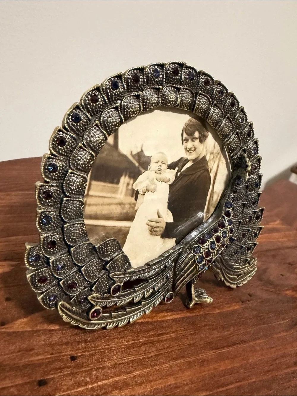 Pier 1 Imports Peacock Jeweled Rhinestone Picture Frame With Vintage Picture